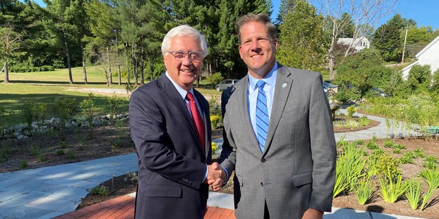 Republican Gov. Chris Sununu, of New Hampshire, endorses state Senate President Chuck Morse in the state's Sept. 13 GOP U.S. Senate primary, at an event in Concord, New Hampshire, on Sept. 8, 2022.