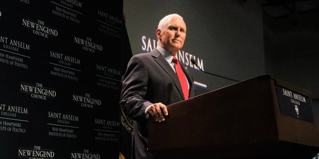 Former Vice President Mike Pence speaks at "Politics and Eggs" at St. Anselm College's New Hampshire Institute of Politics, on Aug. 17, 2022, in Goffstown, New Hampshire.