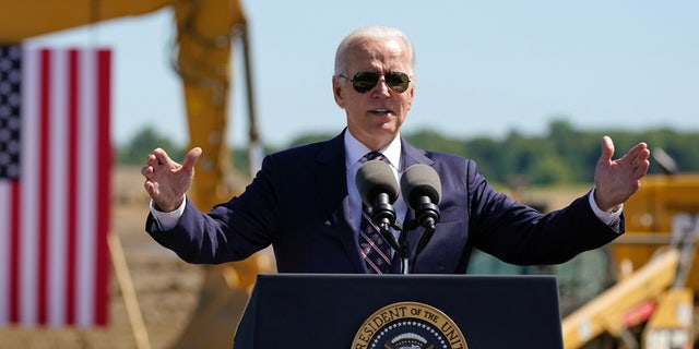 President Joe Biden speaks during a groundbreaking for a new Intel computer chip facility in New Albany, Ohio, Friday, Sep. 9, 2022. (AP Photo/Manuel Balce Ceneta)