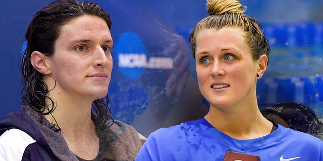 University of Pennsylvania swimmer Lia Thomas and Kentucky swimmer Riley Gaines react after finishing tied for 5th in the 200 Freestyle finals at the NCAA Swimming and Diving Championships on March 18, 2022 at the McAuley Aquatic Center in Atlanta.