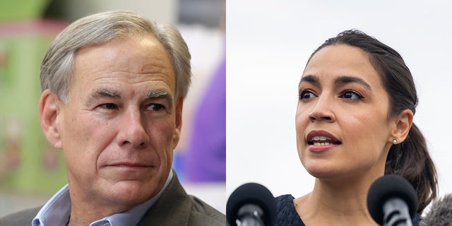 A split photo of Texas Gov. Greg Abbott and New York Rep. Alexandria Ocasio-Cortez. 