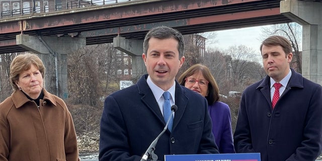 Transportation Secretary Pete Buttigieg speaks at a news conference in Manchester, New Hampshire on Dec.13. 2021