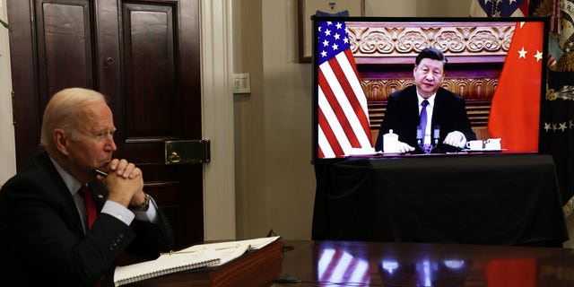 President Joe Biden participates in a virtual meeting with Chinese President Xi Jinping at the Roosevelt Room of the White House November 15, 2021, in Washington, DC.