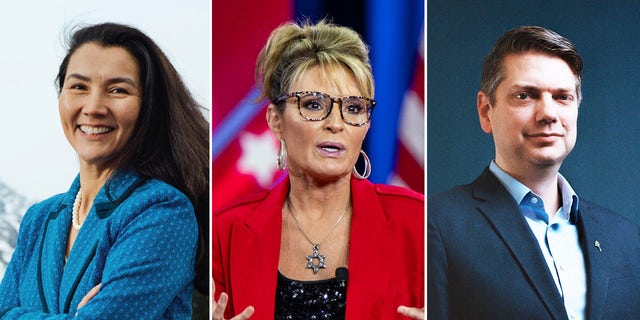 From left to right: Alaska Democrat House candidate Mary Peltola, Alaska GOP House candidate Sarah Palin and Alaska GOP House candidate Nick Begich.