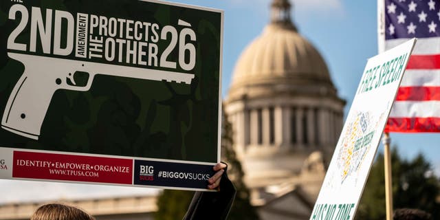 Demonstrators gather for a Second Amendment rally at the Washington state Capitol on March 20, 2021, in Olympia. (David Ryder/Getty Images)