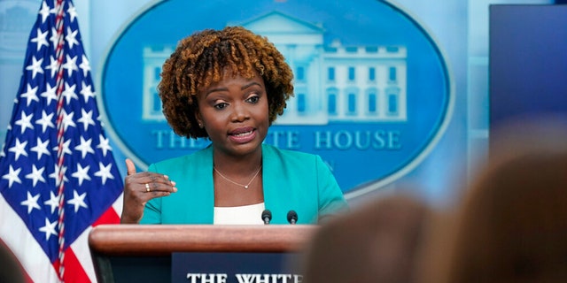 White House press secretary Karine Jean-Pierre speaks to reporters on Thursday.
