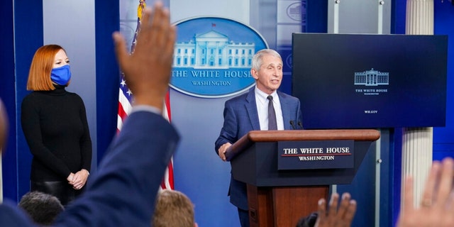 Dr. Anthony Fauci, director of the National Institute of Allergy and Infectious Diseases, speaks during a daily briefing at the White House in Washington Dec. 1, 2021.