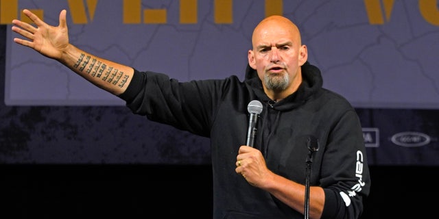 Pennsylvania Lt. Gov. John Fetterman, the Democratic nominee for the state's U.S. Senate seat, speaks during a rally in Erie, Pa., on Friday, Aug. 12, 2022.