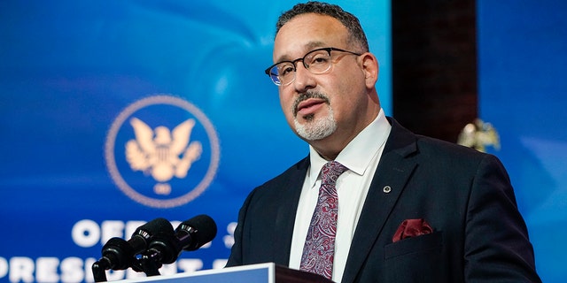 Miguel Cardona speaks after his nomination for education secretary on Dec. 23, 2020, in Wilmington, Delaware.