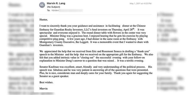 On May 1, 2011, three days after the Chinese Embassy dinner, Marvin Lang thanked Hunter Biden in an email for his "guidance and assistance in facilitating" the dinner.