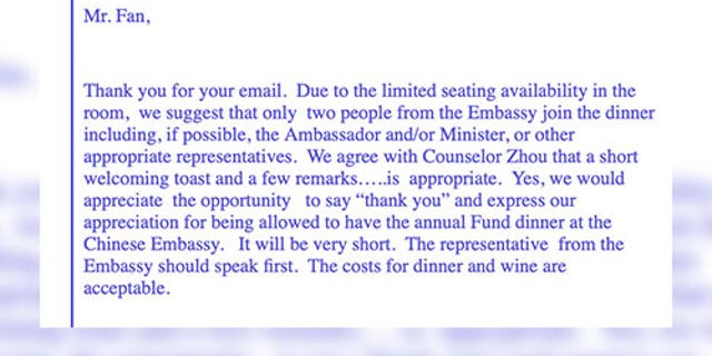In February 2011, Hunter Biden warned Eric Schwerin that Marvin Lang’s insistence on obtaining a confirmation letter for his dinner at the Chinese Embassy was "running the risk of seriously offending the Chinese."