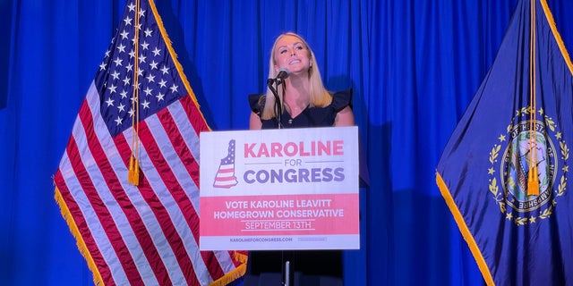 Republican congressional candidate Karoline Leavitt of New Hampshire delivers a primary victory speech, on Sept. 13, 2022 in Hampton, N.H.