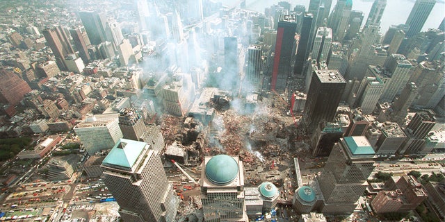 An aerial view of the NYC Custom House and the surrounding area following the Sept. 11, 2001, terrorist attacks in New York City.