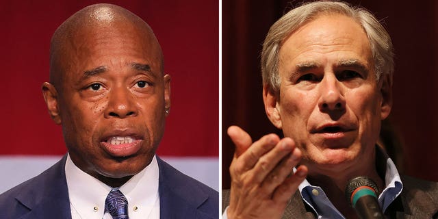 New York City Mayor Eric Adams, left, and Texas Gov. Greg Abbott have feuded over immigration.