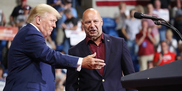 Pennsylvania Republican gubernatorial candidate Doug Mastriano and former president Donald Trump at a rally at the Mohegan Sun Arena on Sept. 3, 2022, in Wilkes-Barre, Pennsylvania.