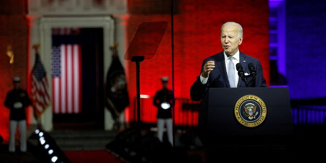 President Biden, protected by bulletproof glass, delivers remarks on what he calls the "continued battle for the soul of the nation" in front of Independence Hall in Philadelphia Sept. 1, 2022. 