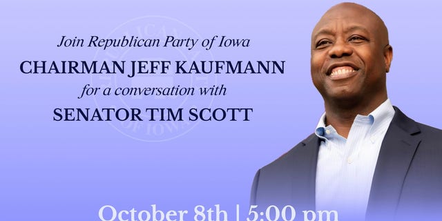 An invitation to a Iowa GOP event in Sioux Center on Oct. 8 that will be headlined by Republican Sen. Tim Scott of South Carolina