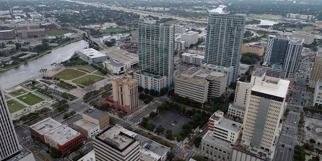 In this aerial image, the city of Tampa, Fla., is seen Monday, Sept. 26, 2022, as Hurricane Ian barreled toward Florida's west coast. 