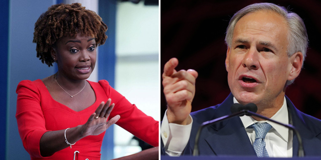 White House Press Secretary Karine Jean-Pierre (L) and Texas Gov. Greg Abbott (R).