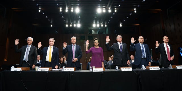 From left, Wells Fargo and Company CEO and President Charles Scharf, Bank of America Chairman and CEO Brian Thomas Moynihan, JPMorgan Chase and Company Chairman and CEO Jamie Dimon, Citigroup CEO Jane Fraser, Truist Financial Corporation Chairman and CEO William Rogers Jr., U.S. Bancorp Chairman, President, and CEO Andy Cecere, and The PNC Financial Services Group Chairman, President, and CEO William Demchak.