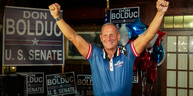 U.S. Senate candidate Don Bolduc smiles after declaring victory in the GOP primary on Tuesday, Sept. 13, 2022, in Hampton, New Hampshire.