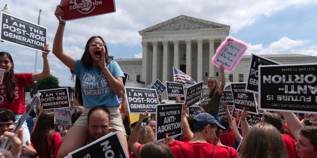 Pro-life protesters celebrate outside the Supreme Court in Washington on June 24, 2022.