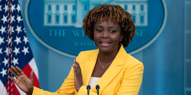 White House press secretary Karine Jean-Pierre speaks during a briefing at the White House in Washington. 