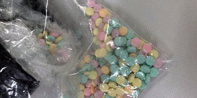 A bag of rainbow-colored fentanyl pills. On Monday, Texas authorities said 336 million lethal doses of fentanyl has been seized since the start of a border security initiative earlier this year. 