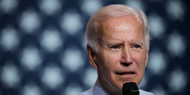 President Biden speaks during a rally hosted by the Democratic National Committee at Richard Montgomery High School on Aug. 25, 2022, in Rockville, Maryland.