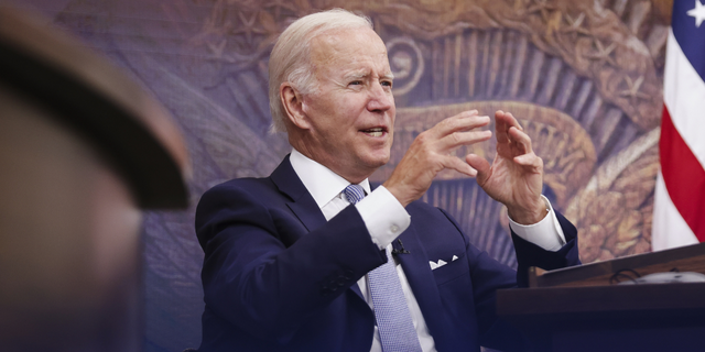 President Joe Biden speaks in the Eisenhower Executive Office Building in Washington on July 28, 2022.