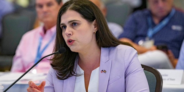 FILE: Colorado Secretary of State Jena Griswold speaks during a committee meeting in Baton Rouge, La., July 8, 2022. 