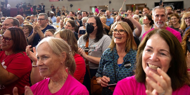 Supporters of Pennsylvania Lt. Governor and U.S. senatorial candidate John Fetterman cheer during a "Women For Fetterman" rally at Montgomery County Community College in Blue Bell, Pennsylvania, on Sept. 11, 2022.