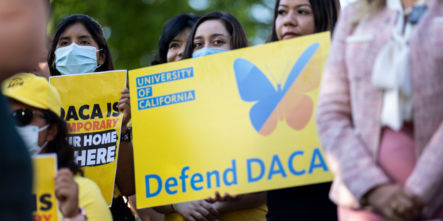  Activists listen during a news conference marking the 10th anniversary of the passing of Deferred Action for Childhood Arrivals (DACA), on Capitol Hill on Wednesday, June 15, 2022 in Washington, DC.
