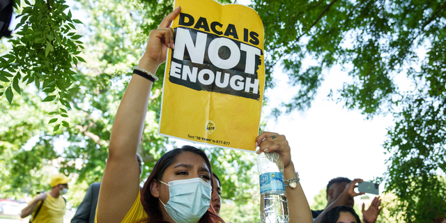 Immigration advocates rally to urge Congress to pass permanent protections for DACA recipients and create a pathway to citizenship, near the U.S. Capitol June 15, 2022 in Washington, DC. 