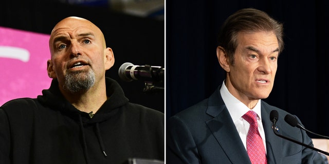 Pennsylvania Senate Democratic nominee John Fetterman, L, and Pennsylvania Senate GOP nominee Dr. Mehmet Oz.