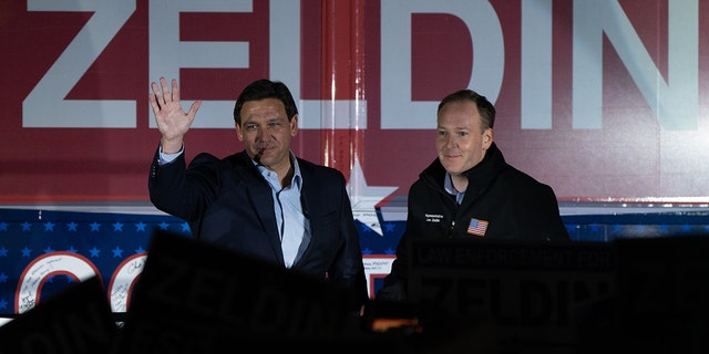 HAUPPAUGE, NY - OCTOBER 29: Florida Gov. Ron DeSantis, left, alongside New York Republican gubernatorial hopeful, Rep. Lee Zeldin, right, on October 29, 2022 in Hauppauge, New York. 