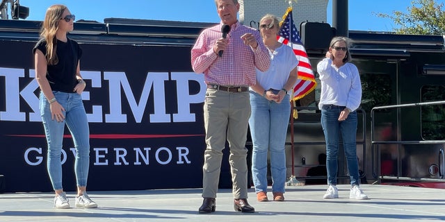 Republican Gov. Brian Kemp of Georgia speaks at a re-election rally on Sept. 27, 2022 in Alpharetta, Georgia 