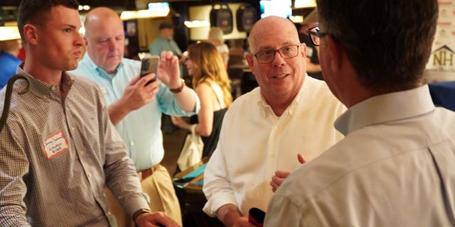 Maryland Gov. Larry Hogan meets with New Hampshire Home Builders Association during a trip to New Hampshire, on July 12, 2022 in Portsmouth, New Hampshire.