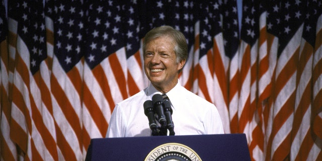 FILE - President Jimmy Carter speaking at Merced College. 