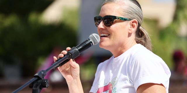 Arizona Secretary of State and Democratic gubernatorial candidate Katie Hobbs speaks at a Women's March rally in support of midterm election candidates who support abortion rights outside the State Capitol in Phoenix, Oct. 8, 2022.