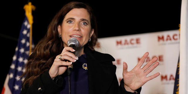 In this Nov. 3, 2020, photo, Republican Nancy Mace talks to supporters during her election night party in Mount Pleasant, S.C.