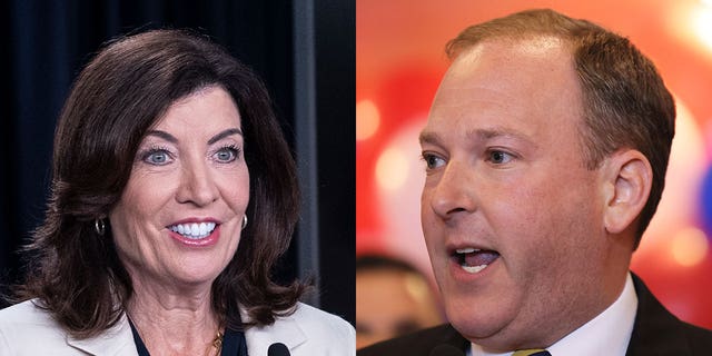 Gov. Kathy Hochul, a Democrat, on the left; Republican gubernatorial candidate Lee Zeldin on the right. Moms in New York City are "upset that their streets are not safe," according to Inna Vernikov, a Ukrainian immigrant, who shared her thoughts with Fox News Digital. 