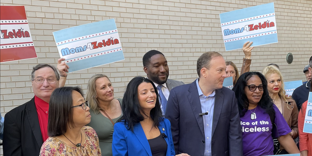 Inna Vernikov (center, in blue suit), a GOP member of the NYC council, recently helped organize a "Moms for Zeldin" rally for gubernatorial candidate Lee Zeldin on the Upper West Side of New York City.