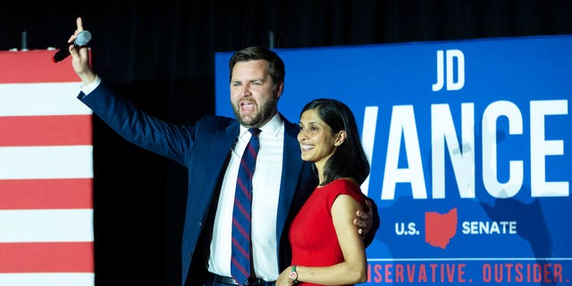 JD Vance and his wife Usha Vance after winning the Republican primary on May 3, 2022, in Cincinnati, Ohio.