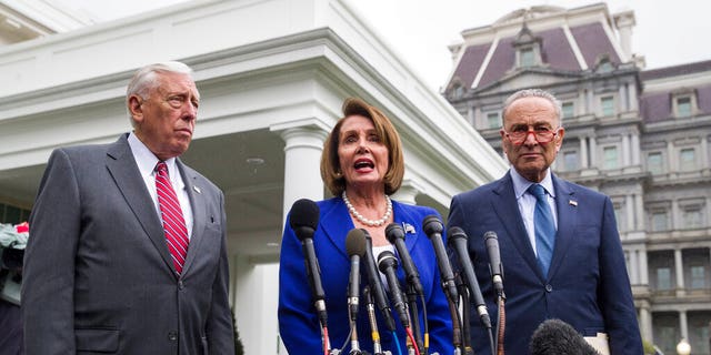 House Majority Leader Steny Hoyer of Maryland, left, House Speaker Nancy Pelosi of California and Senate Minority Leader Chuck Schumer of New York speak with reporters after a meeting with President Trump at the White House Oct. 16, 2019, in Washington.