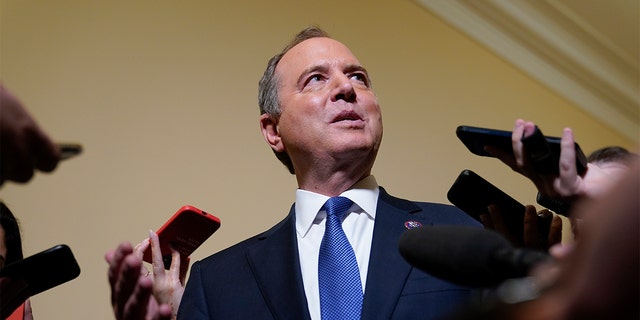 Rep. Adam Schiff speaks with members of the press after a hearing at the Capitol in Washington, June 21, 2022.