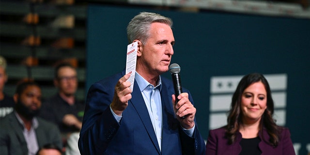 House Minority Leader Kevin McCarthy, R-Calif., speaks about Republicans' "Commitment to America" agenda at DMI Companies in Monongahela, Pennsylvania, on Sept. 23, 2022.