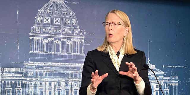 Republican Secretary of State candidate Kim Crockett speaks at a news conference at the State Capitol of St. Paul, Minnesota, on Oct. 20, 2022. 