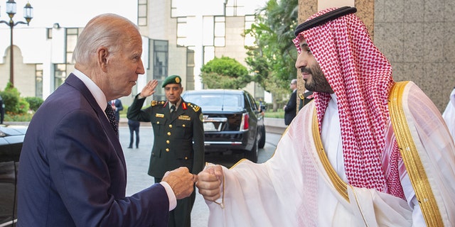 President Joe Biden being welcomed by Saudi Arabian Crown Prince Mohammed bin Salman at Alsalam Royal Palace in Jeddah, Saudi Arabia ,on July 15, 2022. 