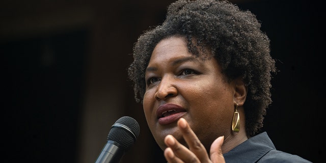 Georgia gubernatorial candidate Stacey Abrams speaks to supporters and members of the Rabun County Democrats July 28, 2022, in Clayton, Ga. 